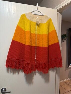 Vintage Striped Fringe Knit Poncho Sweater - Red, Orange & Yellow - Handmade